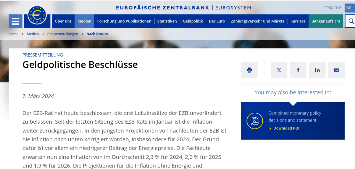 Screenshot der Webseite von der Europäischen Zentralbak zeigt die geldpolitischen Beschlüsse