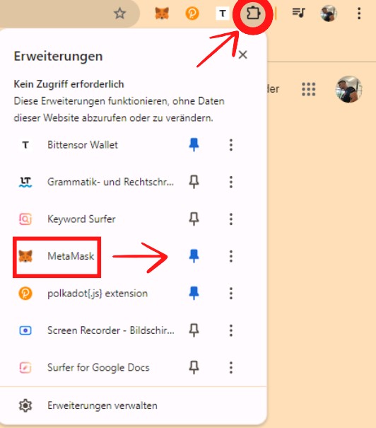 So fügst du die MetaMask Wallet als Favorit in der Menüleiste als Add-on hinzu