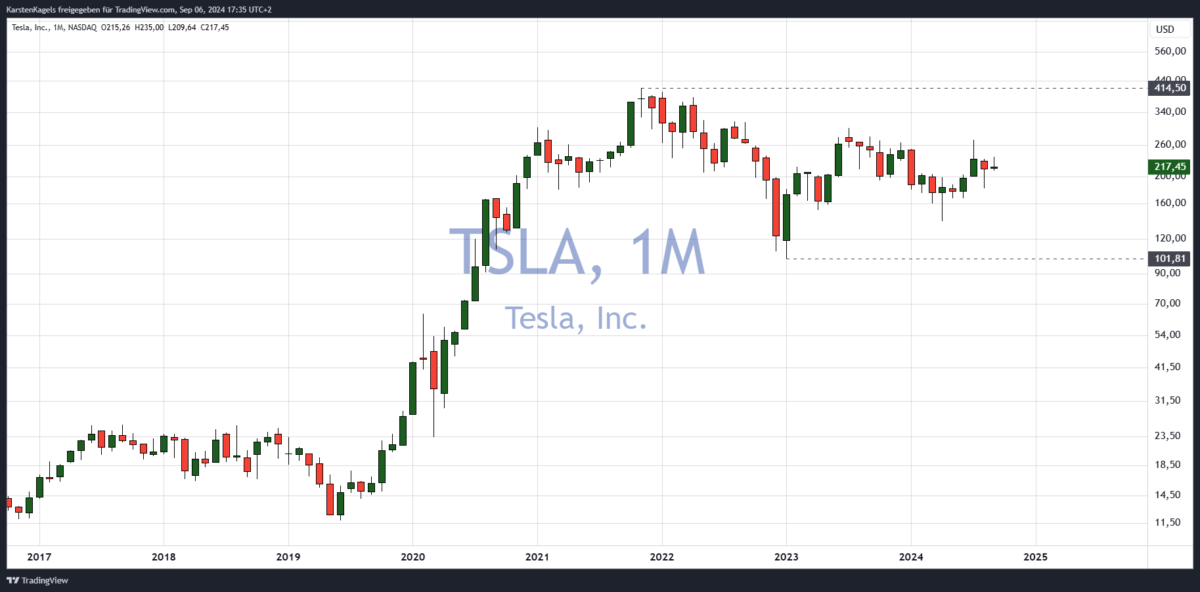 Welche Aktien jetzt kaufen? Die Top 7 Aktien für 2025 und wie sie Ihre Anlageprobleme lösen können Tesla Aktie im Monatschart - welche Aktien jetzt kaufen