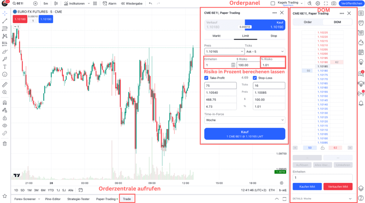 Das Bild zeigt das Orderpanel und den DOM von TradingView.