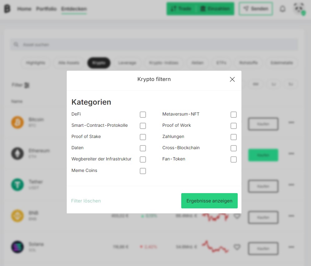 Über die Filteroption kannst du bei Bitpanda gezielt nach Coins suchen, die bestimmte Narrative im Krypto-Space abdecken