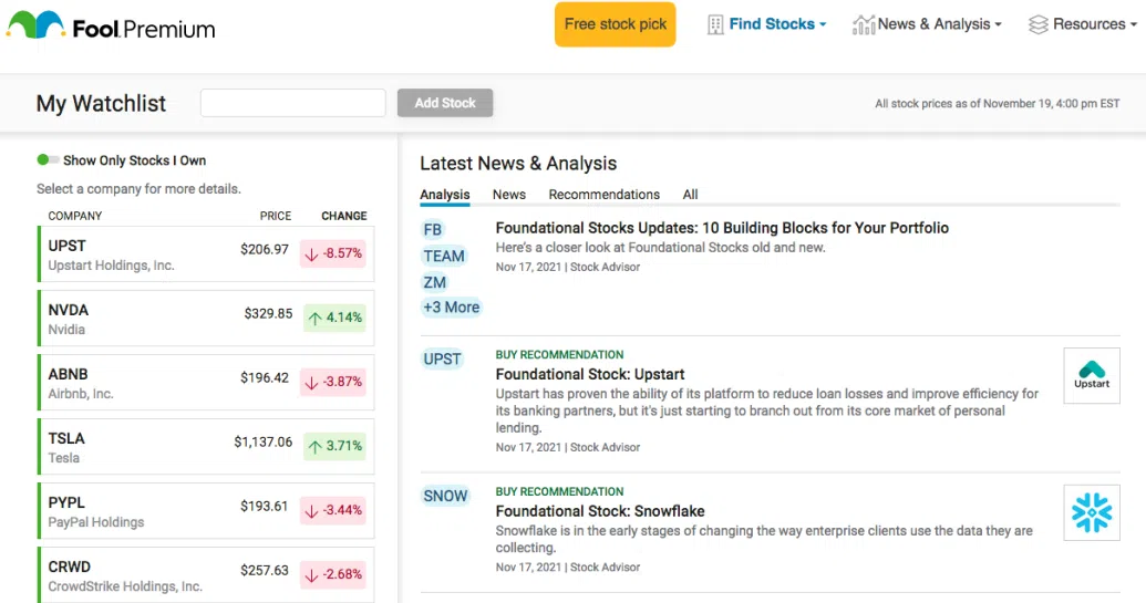 The Motley Fool: Review & Überblick (2026) Das Bild zeigt beispielhaft eine Watchlist im Premium-Bereich von The Motley Fool.