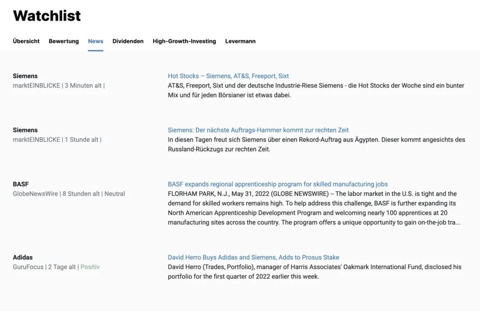 aktien.guide im Test (2026) – Erfahrungen mit dem Aktien Screener Screenshot der Watchlist-Funktion auf aktien.guide mit aktuellen Nachrichten zu beobachteten Aktien. In der Liste erscheinen News zu Siemens, BASF und Adidas, jeweils mit Quelle und Zeitstempel. Die Nachrichten enthalten Schlagzeilen wie 'Hot Stocks – Siemens, AT&S, Freeport, Sixt' und 'Siemens: Der nächste Auftrags-Hammer kommt zur rechten Zeit'
