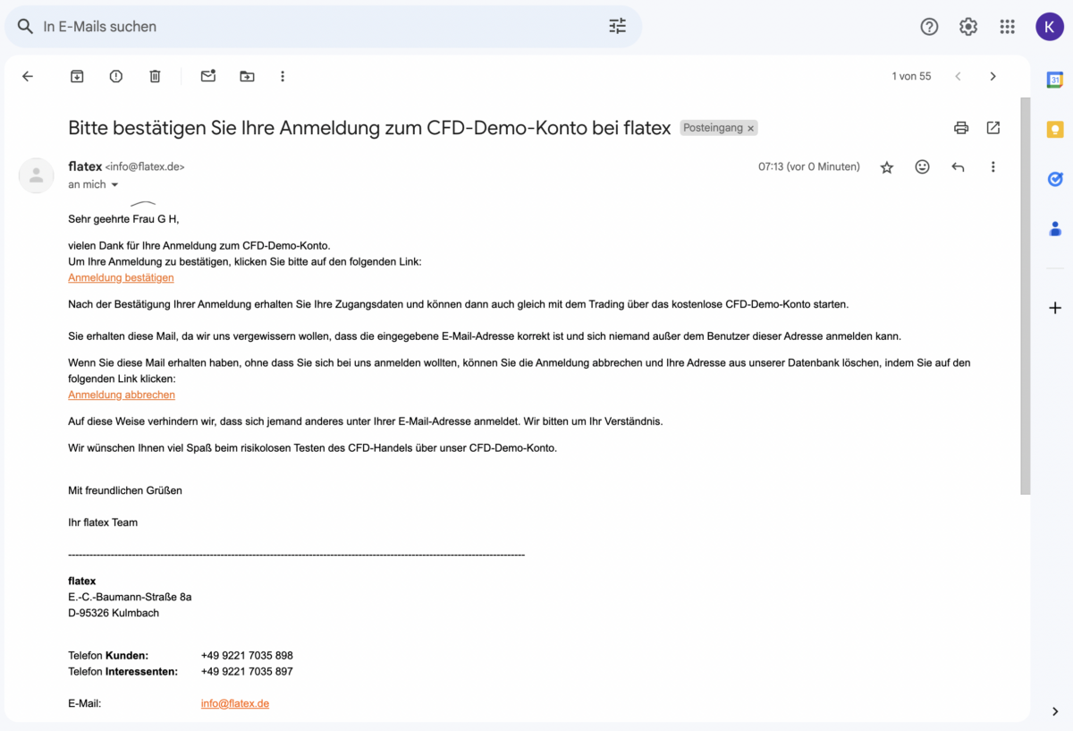 Trading Demokonto kostenlos und ohne Anmeldung (2026) Flatex - Bestätigungsemail für die Anmeldung eines CFD-Demokontos. Die E-Mail enthält einen Bestätigungslink zur Aktivierung des Kontos sowie einen Link zur Stornierung der Anmeldung. Zusätzlich sind Kontaktdaten des Flatex-Kundensupports angegeben.