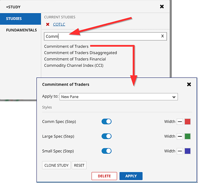 CoT Daten und CoT Report als Trader verstehen und im Trading erfolgreich nutzen (2026) Screenshot der Einstellungsmöglichkeiten für die Commitments of Traders (COT) Daten auf barchart.com. Ein roter Pfeil zeigt auf das Suchfeld, in das 'Comm' eingegeben wurde, um verschiedene COT-Studienoptionen anzuzeigen, darunter 'Commitment of Traders' und 'Commitment of Traders Disaggregated'. Ein weiteres Fenster darunter zeigt die Konfigurationsmöglichkeiten, darunter die Auswahl 'Apply to: New Pane' sowie aktivierte Schalter für 'Comm Spec (Step)', 'Large Spec (Step)' und 'Small Spec (Step)', die jeweils farblich anpassbar sind.