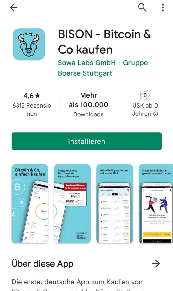 Bison App: Der Krypto-Broker der Börse Stuttgart (2026) Das Bild zeigt die Bison App im Google Play Store.