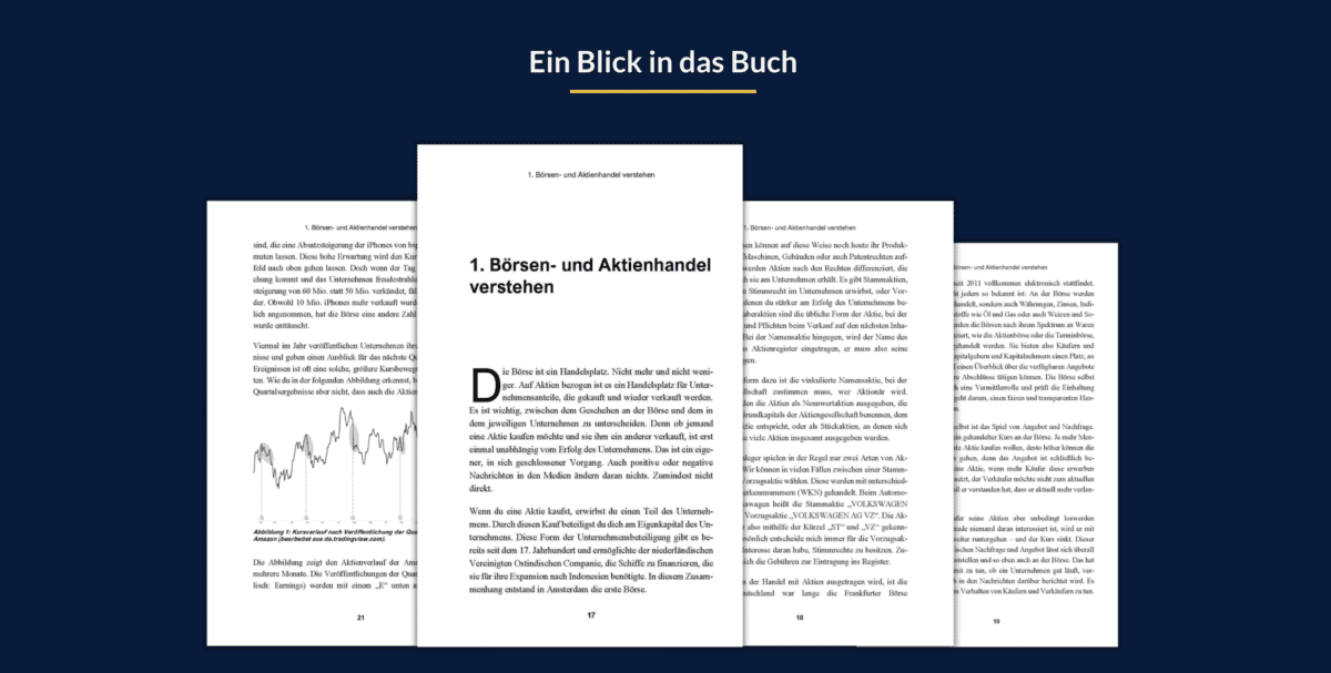 Screenshot mit Buchauszügen von Sebastian Legrand. Titel: 'Ein Blick in das Buch'. Sichtbare Seiten enthalten den Abschnitt '1. Börsen- und Aktienhandel verstehen' mit erklärenden Texten und einer Grafik zur Aktienkursentwicklung.