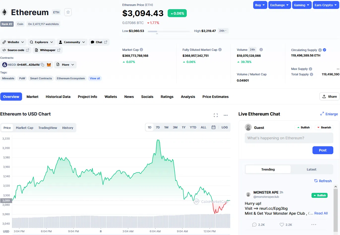 CoinMarketCap.com: Ein Erfahrungsbericht (2026) Das Bild zeigt einen Screenshot der Tokenomics von Ethereum (ETH) auf CoinMarketCap.com.