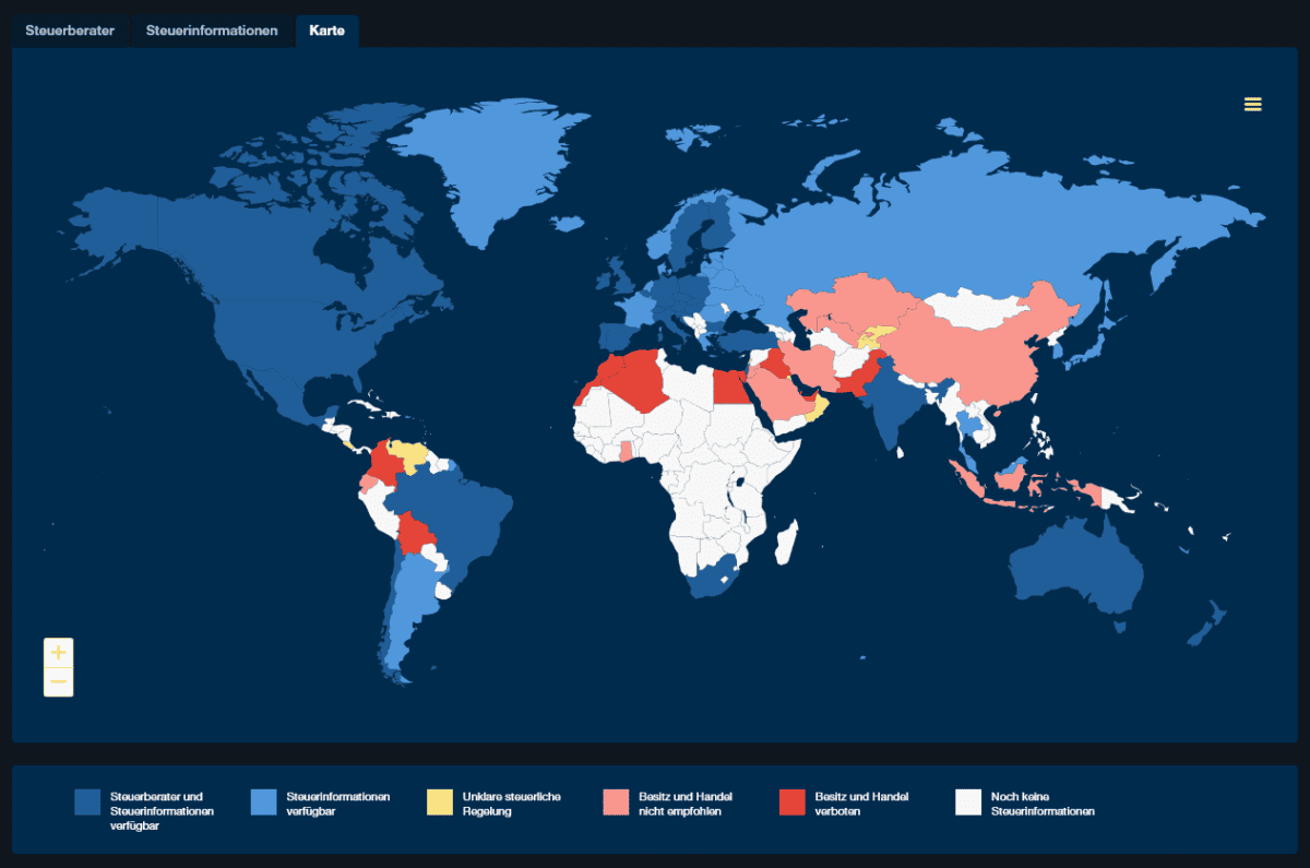 Weltkarte mit steuerlichen Informationen zu Kryptowährungen auf CoinTracking. Länder sind farblich markiert: Dunkelblau für verfügbare Steuerberater und Steuerinformationen, Hellblau für verfügbare Steuerinformationen, Gelb für unklare steuerliche Regelungen, Orange für nicht empfohlenen Besitz und Handel, Rot für verbotenes Halten und Handeln, und Weiß für Länder ohne Steuerinformationen.