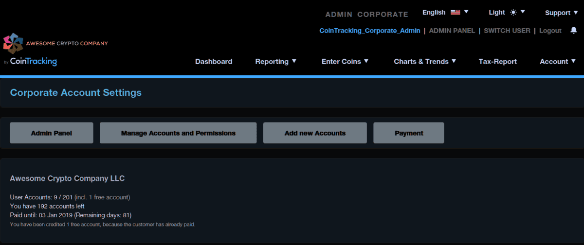 Screenshot der Corporate Account Settings von CoinTracking. Unternehmen können hier Nutzerkonten verwalten, neue Accounts hinzufügen und Zahlungen verwalten. Anzeige einer Beispiel-Firma mit 9 von 201 möglichen Nutzerkonten.