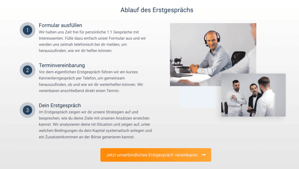 Ablauf des Erstgesprächs bei DeltaValue: Drei Schritte von der Formularausfüllung über die Terminvereinbarung bis zum persönlichen Erstgespräch. Rechts zwei Bilder – ein Berater mit Headset im Gespräch und eine Gruppe von drei Personen in einer Diskussion.