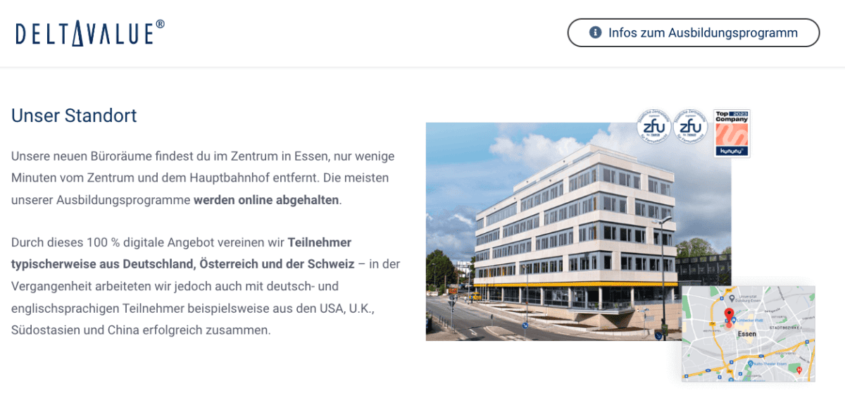 Screenshot der DeltaValue-Website mit Informationen zum Standort in Essen. Auf der rechten Seite ein Bild eines modernen Bürogebäudes mit gelber Markierung sowie eine kleine Karte mit Standortangabe in Essen. Darüber zwei Prüfzeichen der Staatlichen Zentralstelle für Fernunterricht (ZFU) und ein ‚Top Company 2023‘-Siegel von kununu.