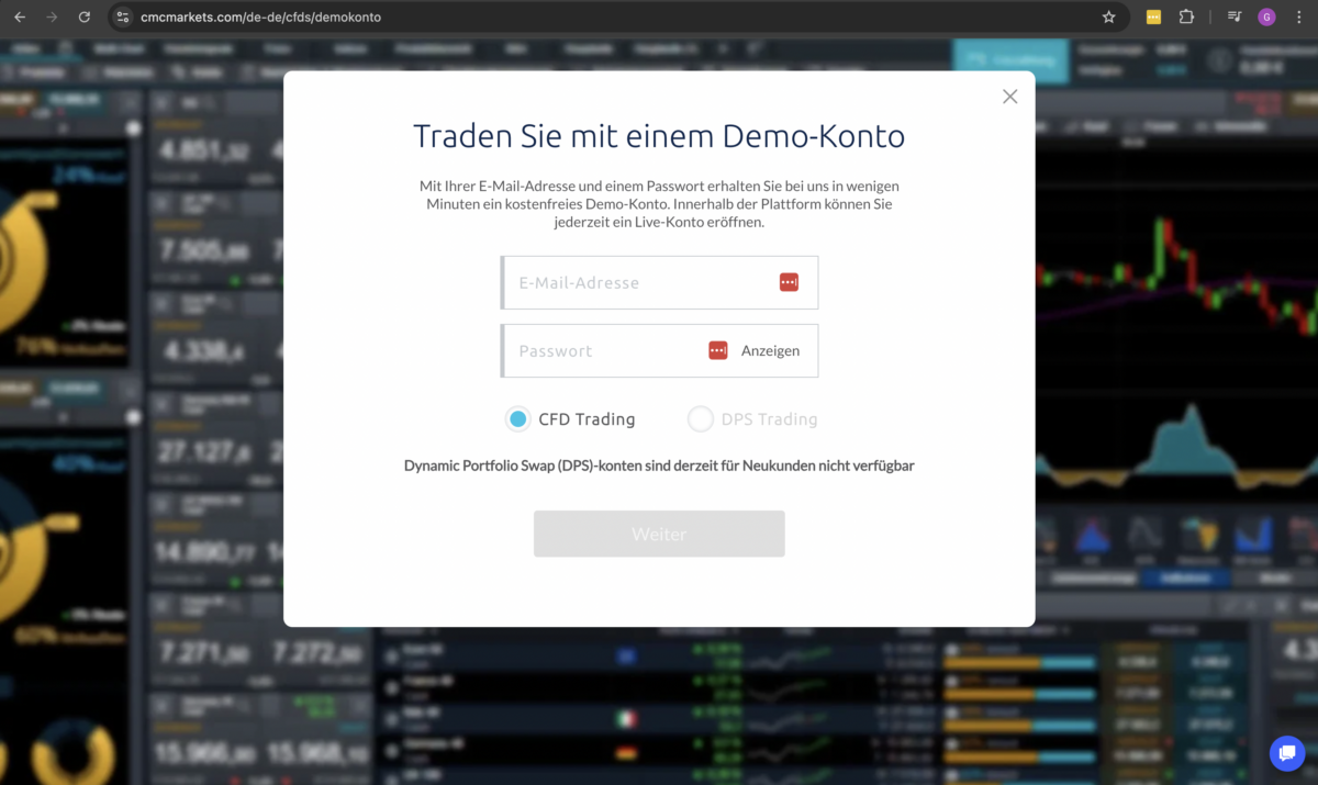 Trading Demokonto kostenlos und ohne Anmeldung (2026) der Screenshot zeigt den Anmeldeprozess für das kostenlose demokonto ohne anmeldung von cmc markets