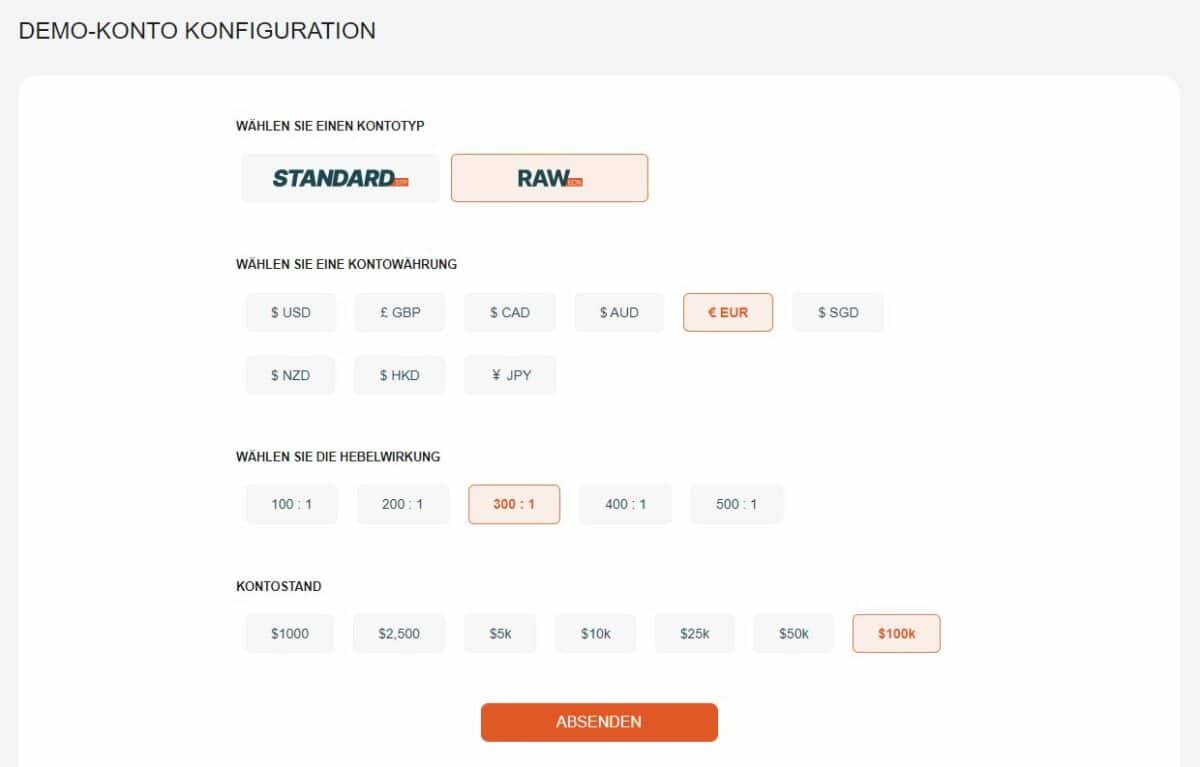 Screenshot der Demo-Konto-Konfiguration im Vantage Client-Portal. Nutzer können zwischen den Kontotypen 'Standard' und 'Raw' wählen, die Kontowährung (z. B. USD, EUR, GBP, JPY) festlegen, die Hebelwirkung (100:1 bis 500:1) bestimmen und einen Kontostand zwischen 1.000 und 100.000 USD auswählen. Unten befindet sich ein orangefarbener 'Absenden'-Button.