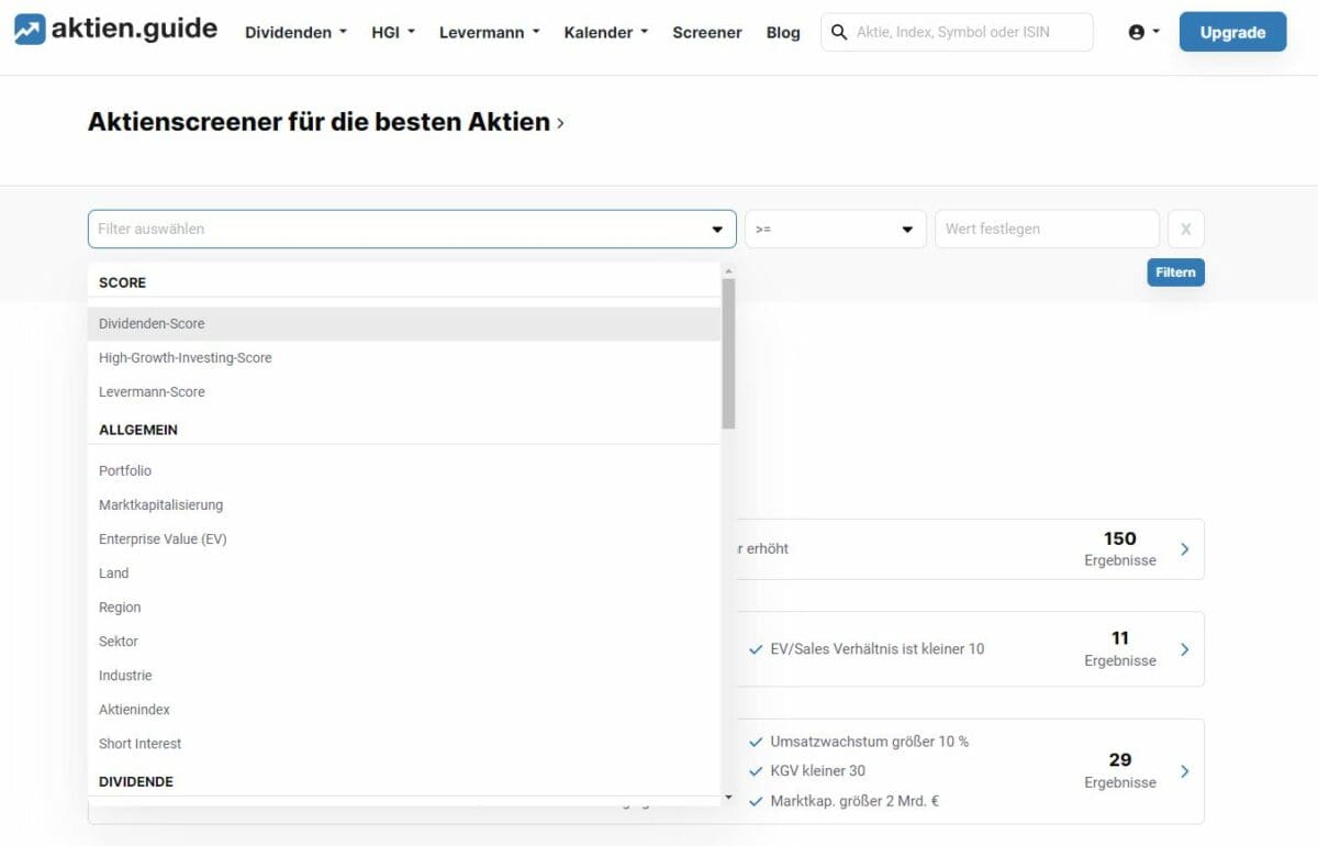 aktien.guide im Test (2026) – Erfahrungen mit dem Aktien Screener Screenshot des Aktien-Screeners auf aktien.guide. Eine Filterauswahl ist geöffnet, die verschiedene Kriterien zur Aktienanalyse enthält, darunter Score-Filter wie Dividenden-Score, High-Growth-Investing-Score und Levermann-Score sowie allgemeine Kriterien wie Portfolio, Marktkapitalisierung, Enterprise Value, Land, Region, Sektor und Industrie. Rechts sind Filterergebnisse mit der Anzahl der gefundenen Aktien sichtbar.