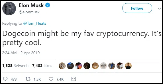 Kryptowährungen: Der Weg in die Freiheit oder Scam? (2026) Das Bild zeigt einen Screenshot des Tweets von Elon Musk, der den Dogecoin-Kurs massiv beeinflusste.
