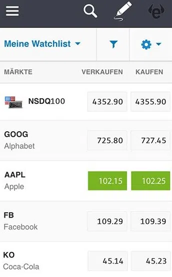 Screenshot der eToro-App
