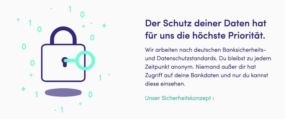 Werbegrafik der Finanzguru App mit dem Titel 'Der Schutz deiner Daten hat für uns die höchste Priorität'. Links eine Illustration eines Vorhängeschlosses mit einem Schlüssel, umgeben von binären Zahlen. Rechts ein Textblock, der beschreibt, dass die App nach deutschen Banksicherheits- und Datenschutzstandards arbeitet, Anonymität gewährleistet und nur der Nutzer Zugriff auf seine Bankdaten hat. Darunter ein Link mit der Aufschrift 'Unser Sicherheitskonzept