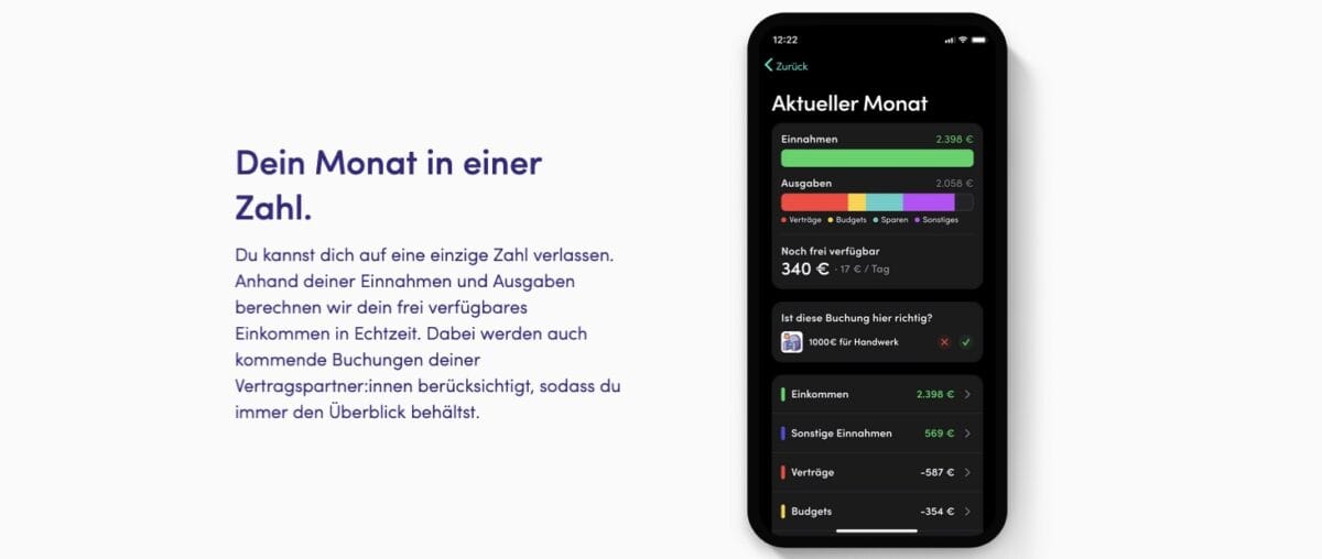 Werbegrafik der Finanzguru App mit dem Titel 'Dein Monat in einer Zahl'. Links ein Textblock, der erklärt, dass die App basierend auf Einnahmen und Ausgaben das frei verfügbare Einkommen in Echtzeit berechnet und zukünftige Buchungen berücksichtigt. Rechts ein Smartphone mit geöffneter Finanzguru-App, das eine Analyseübersicht des aktuellen Monats zeigt. Einnahmen und Ausgaben werden grafisch dargestellt, darunter eine Anzeige für das noch frei verfügbare Einkommen sowie kategorisierte Ausgaben für Verträge, Budgets, Sparen und Sonstiges