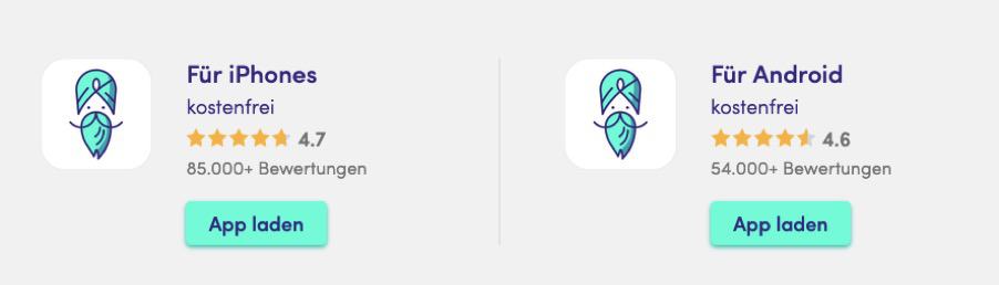 Werbegrafik der Finanzguru App mit zwei Download-Optionen. Links ein App-Icon mit der Aufschrift 'Für iPhones', bewertet mit 4,7 Sternen aus über 85.000 Bewertungen. Rechts ein App-Icon mit der Aufschrift 'Für Android', bewertet mit 4,6 Sternen aus über 54.000 Bewertungen. Beide Apps sind kostenfrei und haben einen grünen 'App laden'-Button.