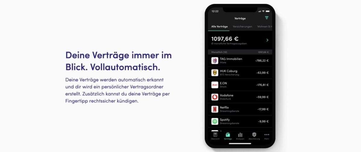 Werbegrafik der Finanzguru App mit dem Titel 'Deine Verträge immer im Blick. Vollautomatisch'. Links ein Textblock, der erklärt, dass die App automatisch Verträge erkennt, einen Vertragsordner erstellt und eine rechtssichere Kündigung per Fingertipp ermöglicht. Rechts ein Smartphone mit geöffneter Finanzguru-App, das eine Vertragsübersicht zeigt, einschließlich Mietzahlungen, Versicherungen, Stromanbieter, Mobilfunkverträge und Streaming-Dienste wie Netflix und Spotify, mit den jeweiligen monatlichen Kosten.