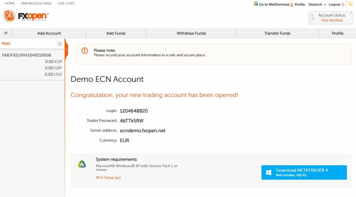 fxopen eigenes konto erstellt dashboard