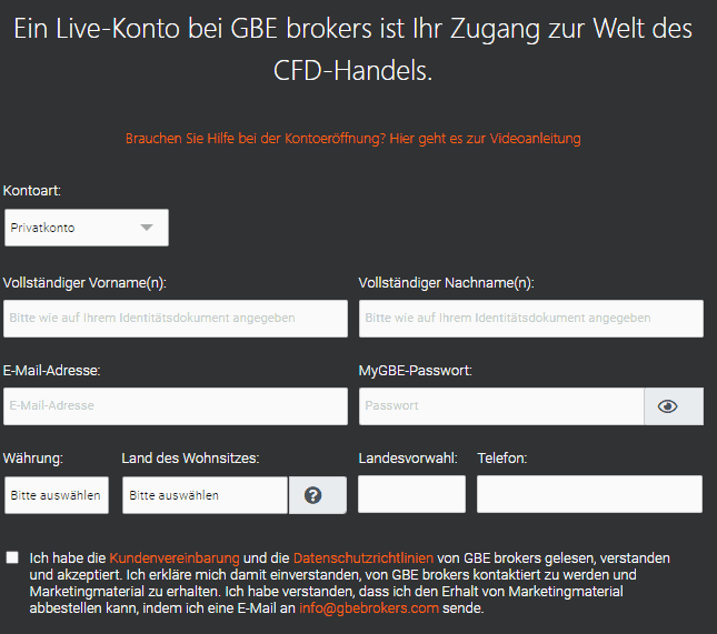 GBE brokers, der beliebte Online Broker im Fokus: Erfahrungen, Kosten, Seriosität, Test (2026) GBE Brokers Anmeldeformular für CFD Live Konto