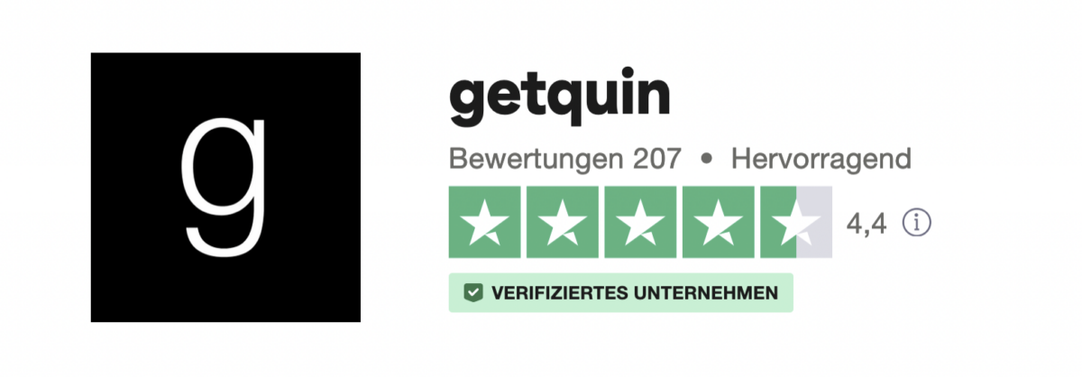 Getquin Review - so gut ist der Portfolio-Tracker wirklich (2026) Screenshot der Getquin-Bewertungen auf einer Bewertungsplattform. Links ist das Getquin-Logo mit einem weißen 'g' auf schwarzem Hintergrund zu sehen. Rechts steht 'getquin' mit einer Gesamtbewertung von 4,4 Sternen aus 207 Bewertungen. Das Unternehmen ist als 'Verifiziertes Unternehmen' gekennzeichnet. Die Sternebewertung zeigt vier volle Sterne und einen teilweise ausgefüllten Stern.