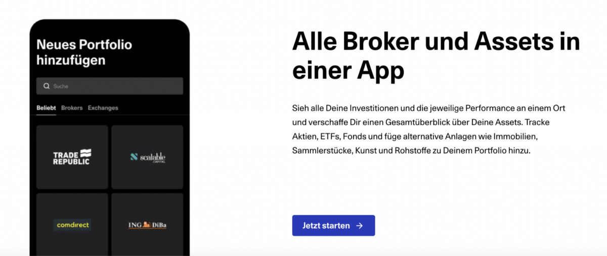 Getquin Review - so gut ist der Portfolio-Tracker wirklich (2026) Screenshot der Getquin-App mit der Funktion, ein neues Portfolio hinzuzufügen. Links ist eine schwarze Benutzeroberfläche mit Logos von Brokern wie Trade Republic, Scalable Capital, Comdirect und ING DiBa zu sehen. Rechts befindet sich ein weißer Textbereich mit der Überschrift 'Alle Broker und Assets in einer App.