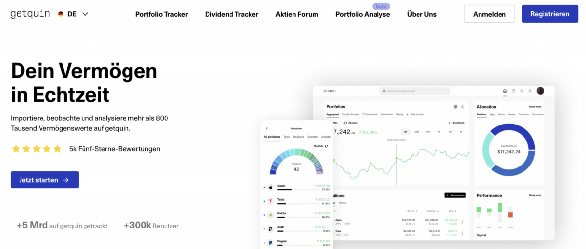 Portfolio Performance Erfahrungen - so gut ist der Portfolio-Tracker wirklich (2026) Screenshot der getquin Webseite - Alternative zu Portfolio Performance