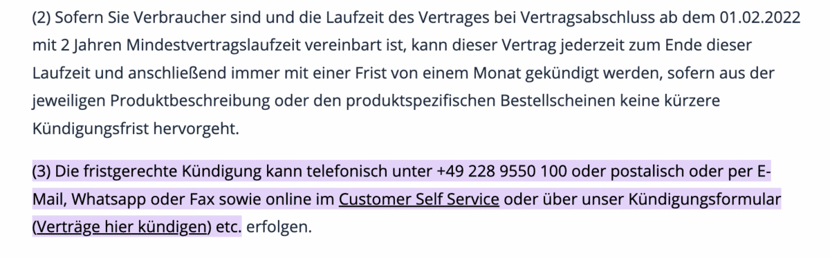 das Bild zeigt die Kündigungsbedingungen bei dem GeVestor Verlags. Es gibt eine Mindesvertragslaufzeit  von 2 Jahren.