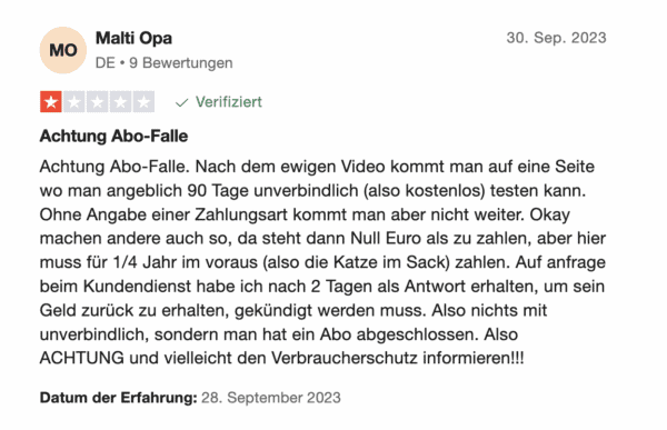 Erfahrung und Bewertung eines Abonnentes des Gevestor Verlages auf Trustpilot