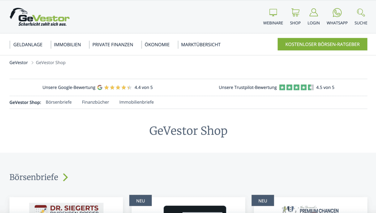 das Bild zeigt einen Screenshot von dem Onlineshop des GeVestor Verlags