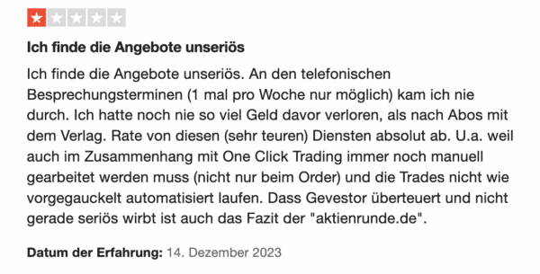 das Bild zeigt eine negative Bewertung zu den Angeboten des gevestor Verlags