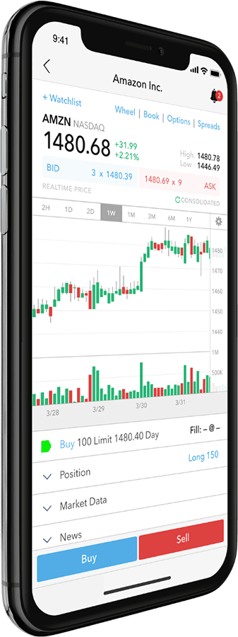 Interactive Brokers (IBKR)– der ultimative Guide zum größten Online-Broker der Welt (2026) Ein Smartphone mit der IBKR Mobile App, das eine detaillierte Handelsansicht für Amazon (AMZN) anzeigt. Der Bildschirm zeigt den aktuellen Aktienkurs, ein Candlestick-Chart mit Handelsvolumen sowie Kauf- und Verkaufsoptionen. Die App bietet umfangreiche Funktionen wie Orderplatzierung, Marktdaten und Nachrichten, ist jedoch komplexer aufgebaut als die einfachere IBKR Trading-App.