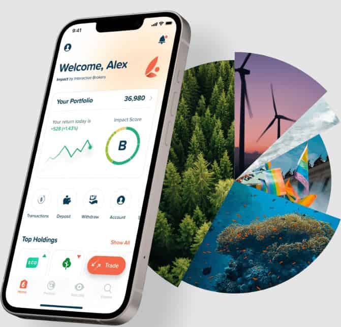 Interactive Brokers (IBKR)– der ultimative Guide zum größten Online-Broker der Welt (2026) Die IMPACT-App von Interactive Brokers auf einem Smartphone mit einer nachhaltigen Investmentstrategie. Die Benutzeroberfläche zeigt das Portfolio, den Impact Score und verschiedene Funktionen für Einzahlungen, Abhebungen und Transaktionen.