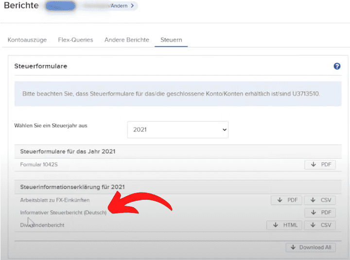 Interactive Brokers (IBKR)– der ultimative Guide zum größten Online-Broker der Welt (2026) Screenshot des Interactive Brokers Client-Portals im Bereich 'Steuern'. Ein roter Pfeil hebt den Menüpunkt 'Informative Steuerbericht (Deutsch)' hervor, der als PDF heruntergeladen werden kann. Unterhalb des Bildes steht die Beschreibung: 'Den informativen Steuerbericht kannst du im IB Client-Portal per Klick als PDF-Datei herunterladen.