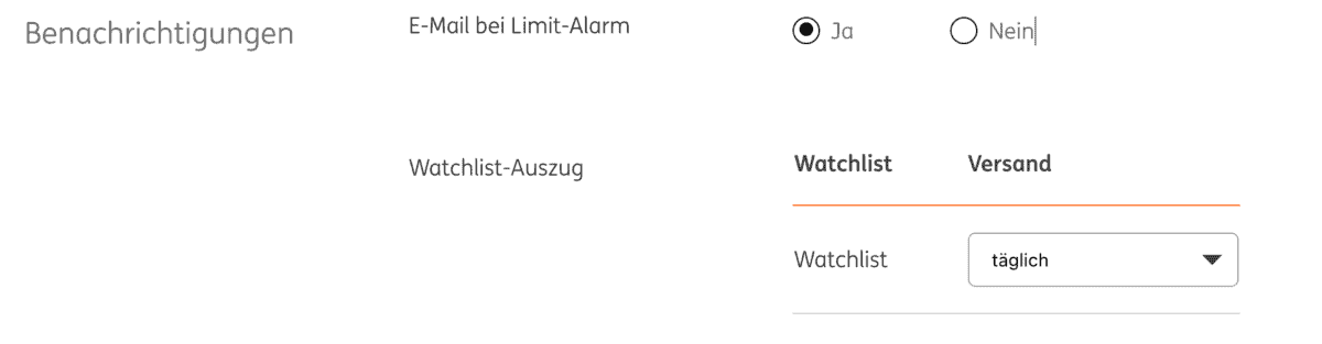 Einstellungen der ING-DiBa Watchlist, Stand 18.05.2023. Die Optionen umfassen eine E-Mail-Benachrichtigung bei Limit-Alarm mit den Auswahlmöglichkeiten 'Ja' oder 'Nein'. Zudem gibt es eine Versandfrequenz für den Watchlist-Auszug, die aktuell auf 'täglich' eingestellt ist. 