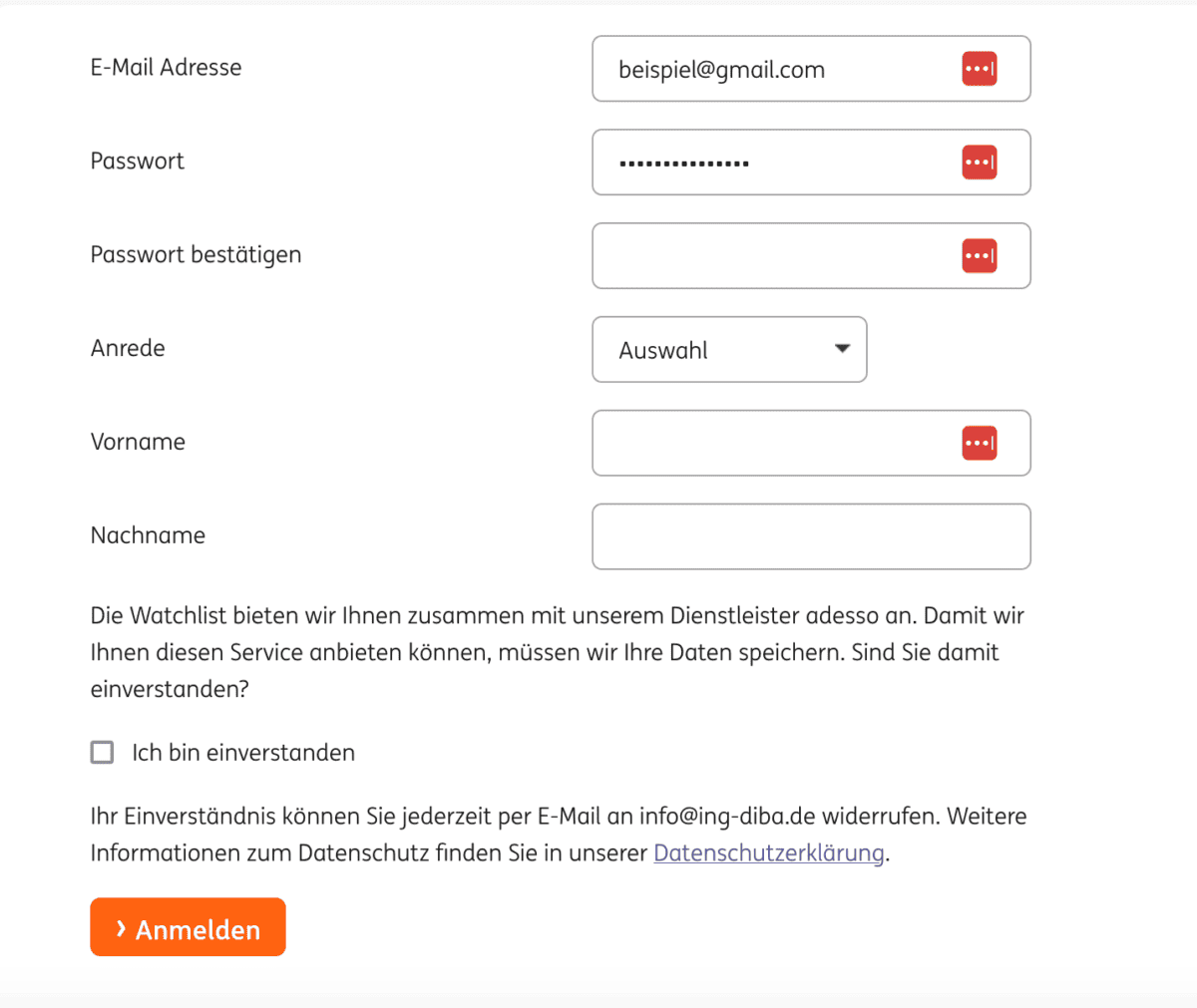 "ING-DiBa Watchlist Registrierungsformular, Stand 16.05.2023. Das Formular enthält Eingabefelder für E-Mail-Adresse ('beispiel@gmail.com'), Passwort, Passwort-Bestätigung, Anrede (Dropdown-Menü), Vorname und Nachname. Zudem gibt es eine Checkbox zur Zustimmung zur Datenspeicherung mit einem Hinweis auf den Datenschutz. Unten befindet sich ein orangefarbener 'Anmelden'-Button. 