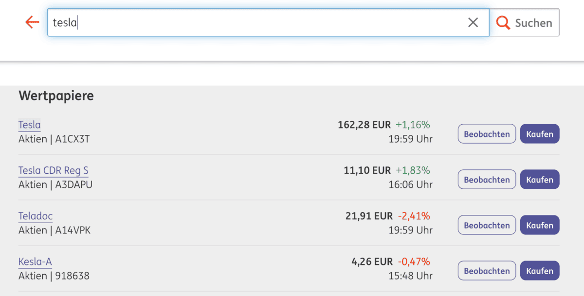 ING-DiBa Watchlist-Wertpapiersuche, Stand 18.05.2023. In der Suchleiste wurde 'Tesla' eingegeben, und die Ergebnisse zeigen verschiedene Wertpapiere: Tesla Aktie (ISIN: A1CX3T) mit einem Kurs von 162,28 EUR (+1,16 %), Tesla CDR Reg S (ISIN: A3DAPU) mit 11,10 EUR (+1,83 %), Teladoc (ISIN: A14VPK) mit 21,91 EUR (-2,41 %) und Kesla-A (ISIN: 918638) mit 4,26 EUR (-0,47 %). Neben jeder Aktie befinden sich Buttons für 'Beobachten' und 'Kaufen'.