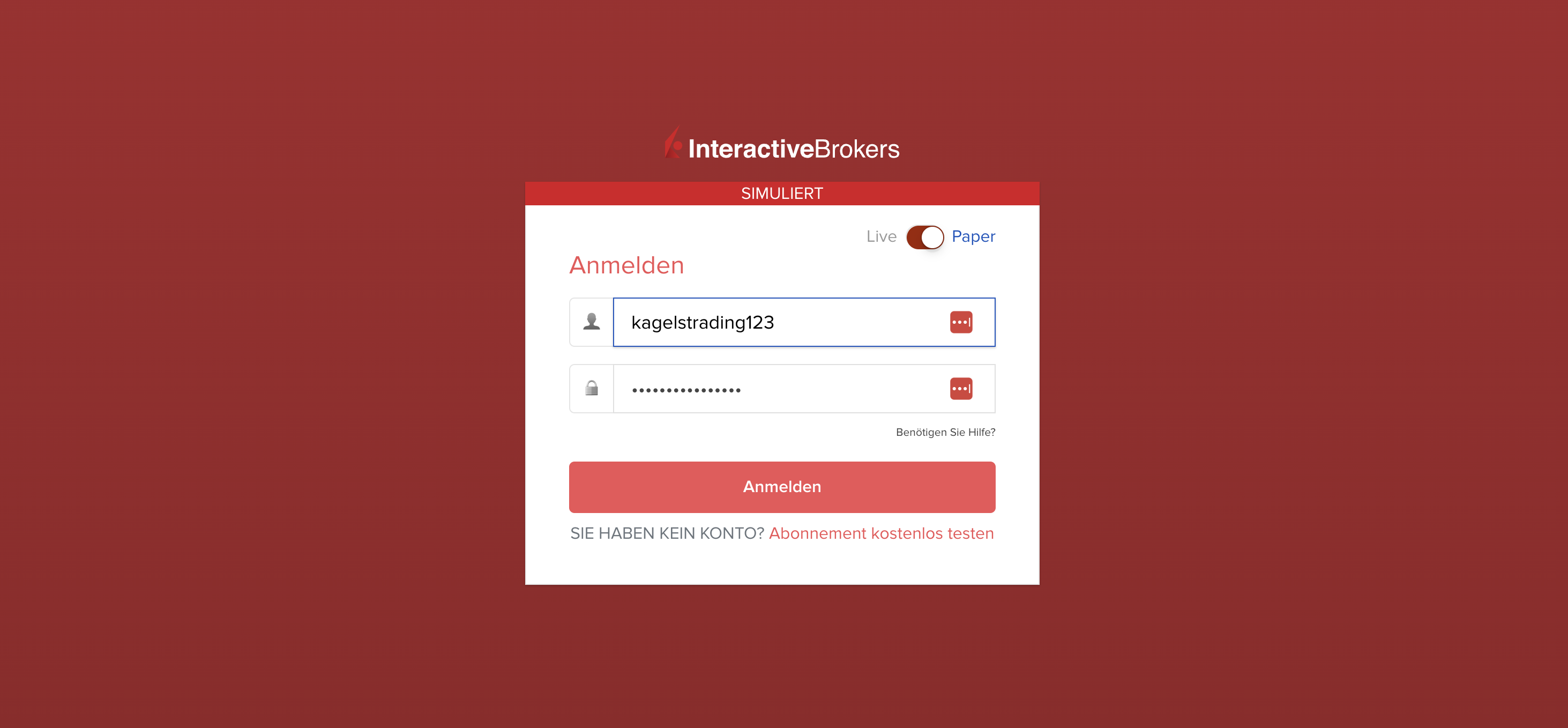 Trading Demokonto kostenlos und ohne Anmeldung (2026) Anmeldebildschirm für das simulierte Trading-Konto bei Interactive Brokers. Das Login-Formular enthält Felder für Benutzername und Passwort mit der Option, zwischen Live- und Paper-Trading zu wechseln. Ein roter Anmelde-Button befindet sich unter den Eingabefeldern.