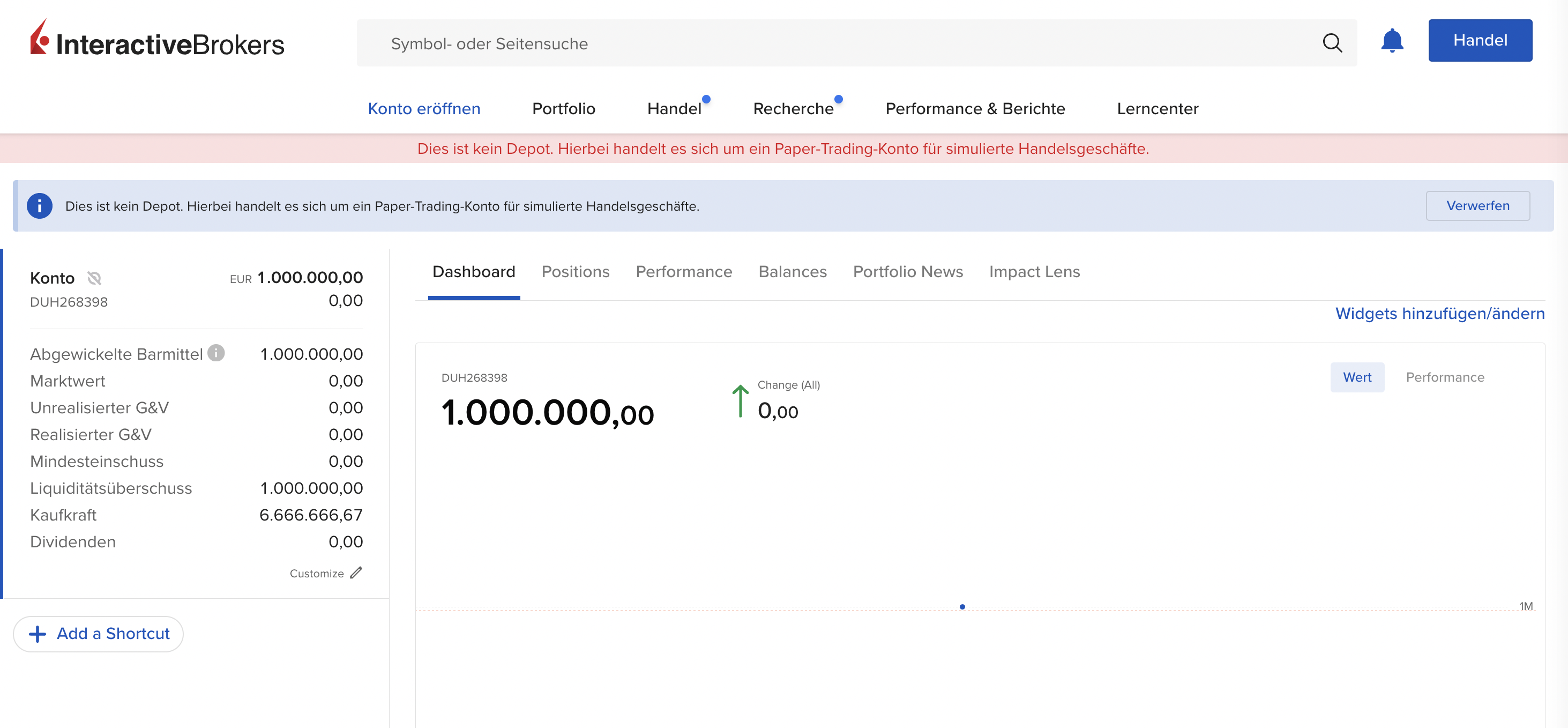 Trading Demokonto kostenlos und ohne Anmeldung (2026) Dashboard des Paper-Trading-Kontos bei Interactive Brokers. Das Konto zeigt ein Startguthaben von 1.000.000 EUR, mit null unrealisierten und realisierten Gewinnen oder Verlusten. Oben befindet sich eine rote Hinweisleiste, die darauf hinweist, dass es sich um ein simuliertes Handelsdepot handelt. Die Benutzeroberfläche enthält Registerkarten für Positionen, Performance und weitere Funktionen."
Falls du eine kürzere Version möchtest: "Interactive Brokers Paper-Trading-Dashboard mit 1.000.000 EUR Startkapital und ohne bisherige Transaktionen