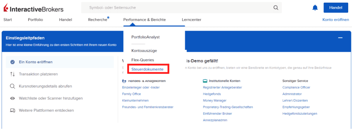 Interactive Brokers (IBKR)– der ultimative Guide zum größten Online-Broker der Welt (2026) Screenshot der Interactive Brokers Plattform, in der die Steuerdokumente unter 'Performance & Berichte' im Menü ausgewählt werden können. Der Menüpunkt 'Steuerdokumente' ist rot markiert. Unterhalb des Bildes steht die Beschreibung: 'Interactive Brokers Steuererklärung
