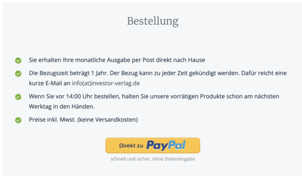 der Investor Verlag zeigt den Bezugszeitraum von 1 Jahr. Wobei jedoch jederzeit gekündigt werden kann.