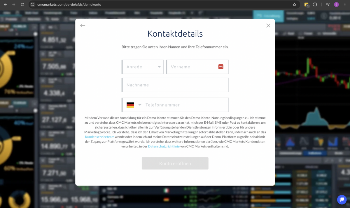 Trading Demokonto kostenlos und ohne Anmeldung (2026) Anmeldeprozess für das CMC Markets-Demokonto. Ein Pop-up-Fenster fordert den Nutzer auf, eine E-Mail-Adresse und ein Passwort einzugeben, um ein kostenloses Demo-Konto zu erstellen. Die Auswahl für CFD Trading ist aktiviert, während Dynamic Portfolio Swap (DPS) für Neukunden nicht verfügbar ist. Im Hintergrund ist die CMC Markets-Handelsplattform mit Kursübersichten und Charts sichtbar.