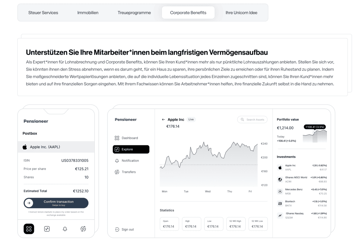 Lemon Markets - Markteintritt Q1 2024: Einblicke in das aufstrebende FinTech-Start-up Das Bild zeigt das Anwendungsbeispiel Corporate Benefits aus dem Contextual Brokerage Bereich.