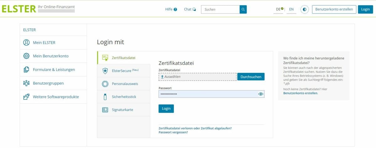 login beim elster programm um steuern zurueckzuholen