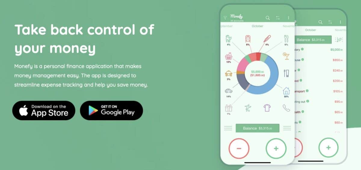 Werbegrafik der Money Manager App mit drei Smartphones vor einem roten Hintergrund. Das linke Smartphone zeigt das App-Logo mit einem stilisierten Sparschwein. Das mittlere Smartphone zeigt eine Tagesübersicht mit Einnahmen und Ausgaben, sortiert nach Datum und Kategorie. Das rechte Smartphone zeigt eine grafische Analyse mit einem Kreisdiagramm, das verschiedene Ausgabenkategorien darstellt.