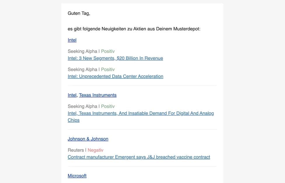 aktien.guide im Test (2026) – Erfahrungen mit dem Aktien Screener Screenshot einer Aktienupdate-E-Mail mit Neuigkeiten zu Aktien aus einem Musterdepot. Enthalten sind News zu Intel, Texas Instruments, Johnson & Johnson und Microsoft. Die Nachrichten stammen von Seeking Alpha und Reuters und enthalten Bewertungen wie 'Positiv' oder 'Negativ'. Überschriften wie 'Intel: 3 New Segments, $20 Billion In Revenue' oder 'Contract manufacturer Emergent says J&J breached vaccine contract' sind verlinkt.