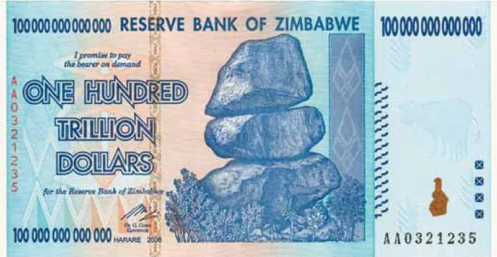 Euro, US-Dollar und Co.: Was ist Fiatgeld? (2026) Das Bild zeigt eine Einhundert Trillionen Simbabwe-Dollar-Banknote.